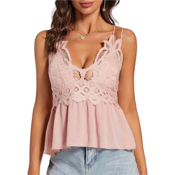 Tops - Sexy Pink Embroidered Lace Cut Out V-Neck Peplum Ruffle Cami‎ Tank Top Blouse
